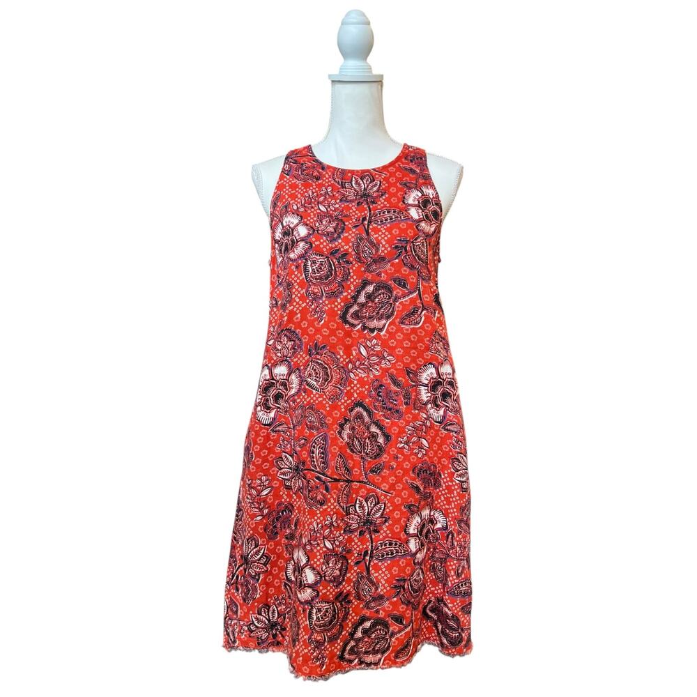 Garnet Hill Womens Size 2 Red Floral Sleeveless Tunic Top Asym Hem Pockets